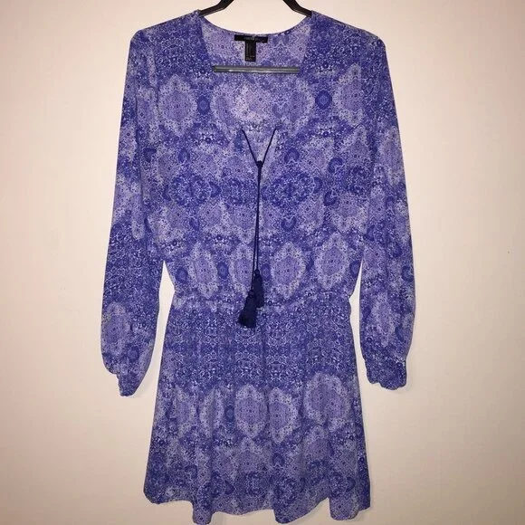 Boho Peasant Dress Blue White - Picture 1 of 5